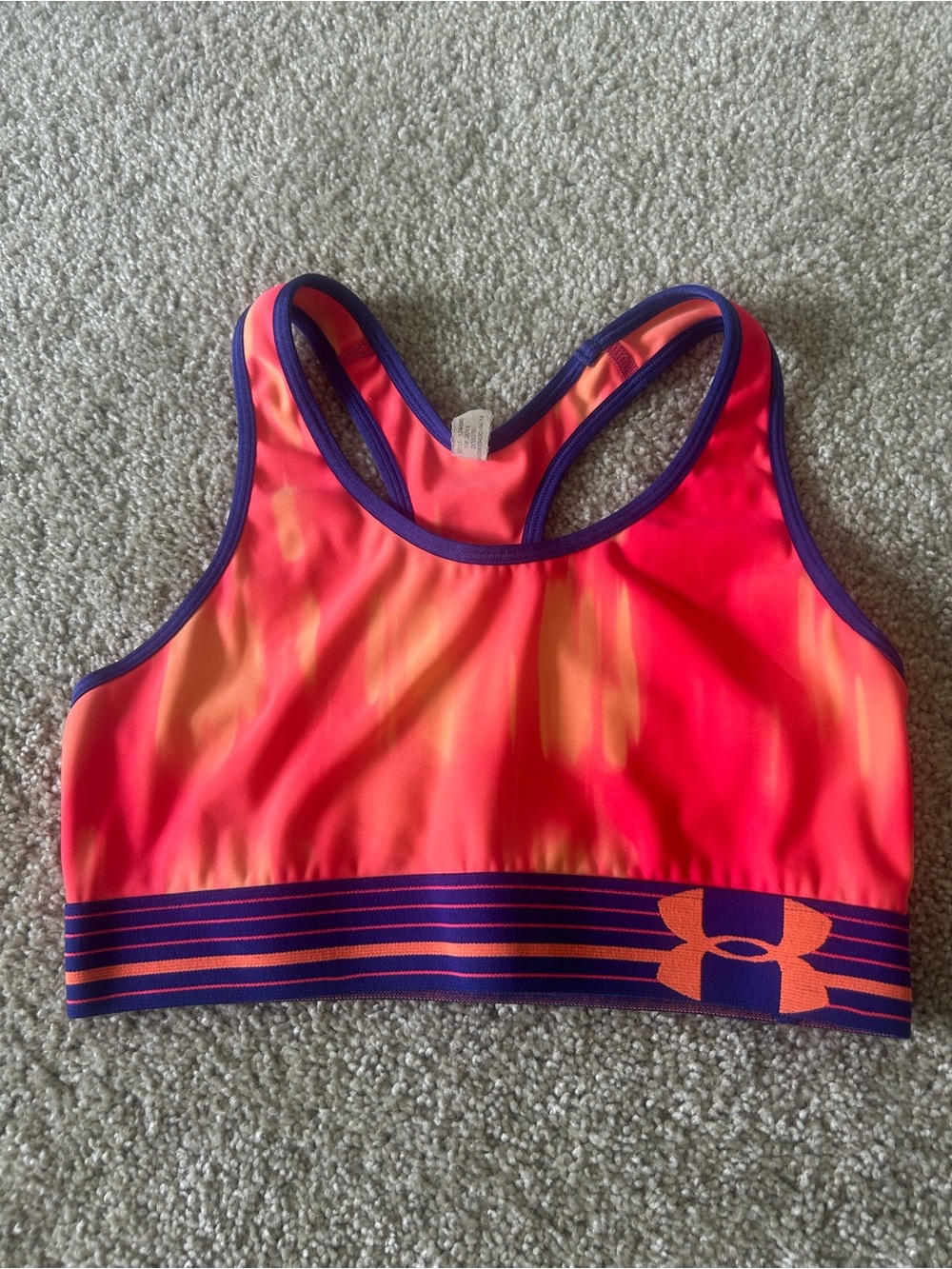 Under Armour Women's Neon Pink-Orange Sports Bikini Top with Purple Trim